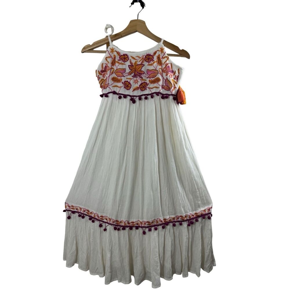 RAGA First Bloom Sleeveless Embroidered Midi Dress Size XS Boho Smocked Tassel